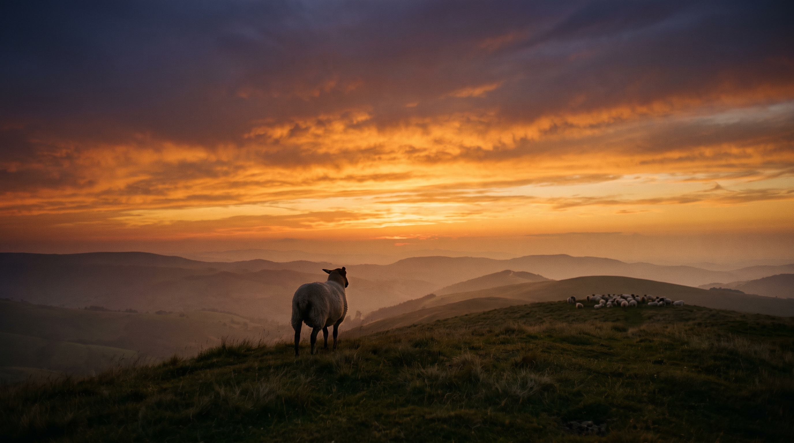 A lone sheep gazing at the sunset, apart from the flock
